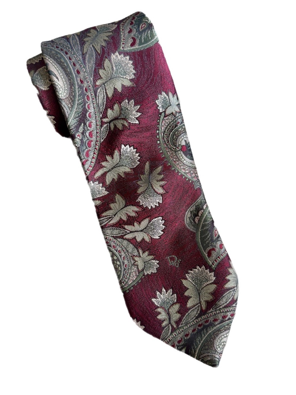 Christian Dior Silver and Burgandy Paisley Leaf Tie Polyester Silk Blend